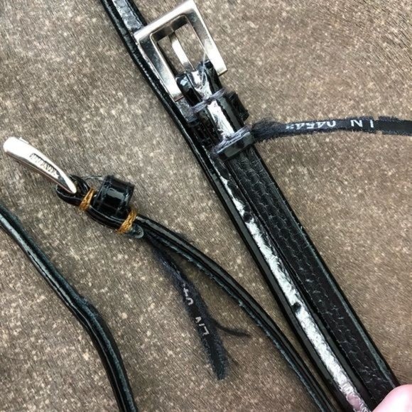 PRADA Gold Patent Leather Button Tab Switch Back Skinny Belt - Picture 10 of 10